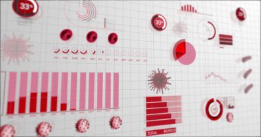 Beyaz zemin üzerinde grafik istatistik kaydı ve veri işlemesi olan Coronavirus Covid 19 hücrenin resmi. Coronavirus Covid 19 salgın konseptini dijital olarak üretti..