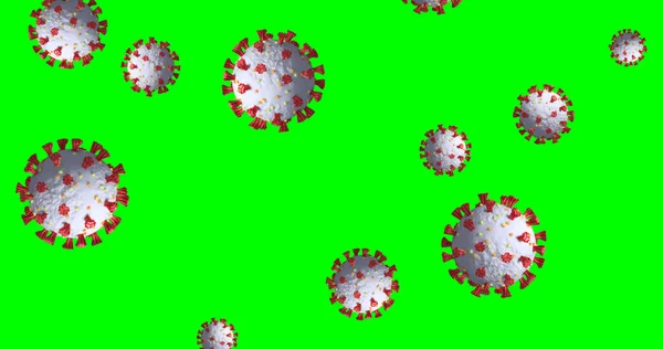 緑色の画面の背景に回転するマクロコロナウイルスCovid 19細胞の画像 医学公衆衛生パンデミックコロナウイルスCovid 19感染症の概念デジタル生成された画像 — ストック写真