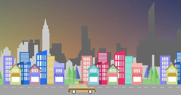 Obraz Ilustracji Barwnego Krajobrazu Miejskiego Wieloma Budynkami Samochodem Poruszającym Się — Zdjęcie stockowe