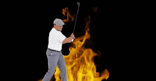 Composición Jugador Golf Masculino Sobre Llamas Sobre Fondo Negro Concepto —  Fotos de Stock