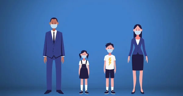 Image of family wearing face masks maintaining social distancing on blue background. Coronavirus Covid 19 social distancing concept digitally generated image.