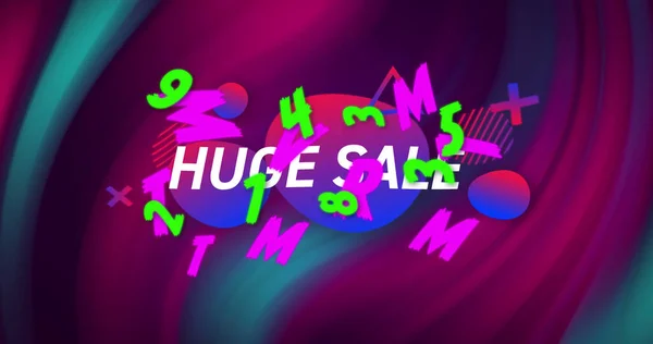 Image of text huge sale, with colourful letters and numbers, over swirling dark pink and blue. retail trade sale communication concept, digitally generated image.