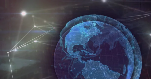 Image of globe over network of connections and data processing. Global business finances connections and digital interface concept digitally generated image.