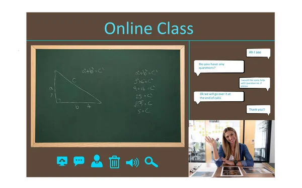 Διεπαφή Βιντεοκλήσης Καυκάσια Δασκάλα Στην Οθόνη Τεχνολογία Επικοινωνιών Και Ψηφιακή — Φωτογραφία Αρχείου