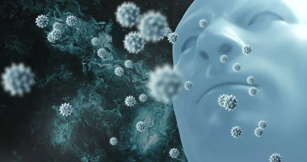 Image of virus cells and dna over human face model and black background. Science, human biology and health concept digitally generated image.