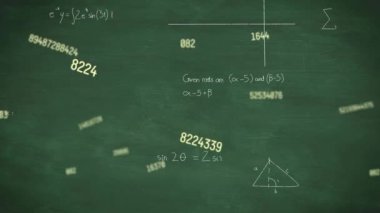 Karanlık arka planda hareket eden matematiksel formüllerin animasyonu. Eğitimler ve matematik öğrenme kavramı dijital video oluşturuldu.