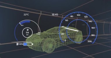 3D araba modelinin animasyonu ve koyu arkaplan üzerindeki hız göstergesi. Küresel bağlantılar ve veri işleme kavramı dijital video oluşturuldu.