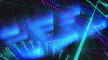 Kapsamlı tarama ve veri işleme animasyonları siyah zemin üzerinde ışık yolları üzerinden. Küresel teknoloji ve dijital arayüz konsepti dijital olarak oluşturulmuş video.