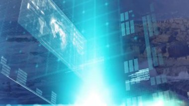 Manzara üzerinde veri işleme animasyonu. Küresel veri işleme ve ekonomi kavramı dijital video üretimi.