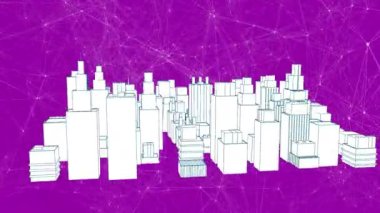 Mor arkaplandaki bağlantı ağı üzerinden dijital şehrin animasyonu. Küresel teknoloji, bağlantılar ve dijital arayüz konsepti dijital olarak oluşturulmuş video.