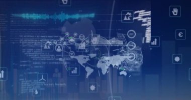 Dünya haritası üzerinde veri işleme animasyonu. küresel iş ve dijital arayüz kavramı dijital olarak oluşturulmuş video.