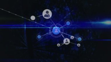 Çizgilerle kesişen profil simgelerinin animasyonu, siyah arkaplanda parlayan mavi mercek parlaması. Dijital olarak üretilmiş, hologram, iletişim, aydınlatılmış, vektör, sosyal medya ve teknoloji.