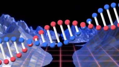 Dijital dağların üzerinde DNA iplikçikleri. Küresel iş ve dijital arayüz kavramı dijital olarak oluşturulmuş video.