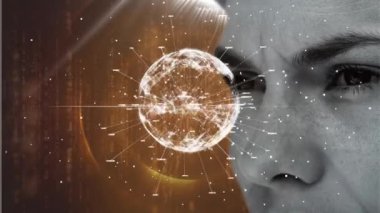 Kafkas kadınları üzerinde bağlantıları olan dünya animasyonları karanlık arka planda cirit atıyor. Küresel veri işleme ve bağlantı konsepti dijital video oluşturuldu.