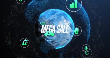 Koyu arkaplan üzerine düşen simgelerin animasyonu. Küresel bağlantılar ve veri işleme kavramı dijital video oluşturuldu.