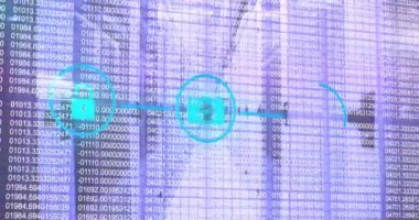 Bilgisayar sunucuları üzerinde simgelerin animasyonu, matematiksel denklemler ve veri işleme. Dijital olarak oluşturulmuş küresel bilgisayar ve veri işleme kavramı.