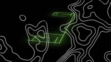 Neon spor sahasında hareket eden beyaz harita çizgilerinin animasyonu. Küresel spor, rekabet ve veri işleme kavramı dijital olarak oluşturulmuş video.