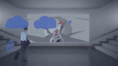 Kafkasyalı iş adamının üstünde simgeler olan bulutların canlandırması. Küresel iş ve dijital arayüz kavramı dijital olarak oluşturulmuş video.