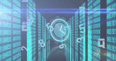 Koyu arkaplandaki veri işleme üzerinde saat animasyonları ve azalan numaralar. Küresel bağlantılar ve veri işleme kavramı dijital video oluşturuldu.