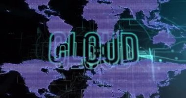 Dünya haritası üzerinde bulut metninin canlandırması. Küresel iş ve dijital arayüz kavramı dijital olarak oluşturulmuş video.