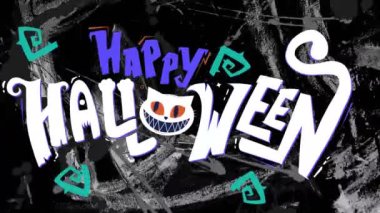 Şekiller üzerinde mutlu Cadılar Bayramı metninin animasyonu. Cadılar Bayramı, gelenek ve kutlama konsepti dijital olarak oluşturulmuş video.