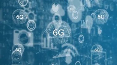 Mavi arkaplandaki bağlantı ağı üzerinden 6g metin içeren dünyanın animasyonu. Küresel teknoloji, bilgisayar ve dijital arayüz kavramı dijital olarak oluşturulmuş video.