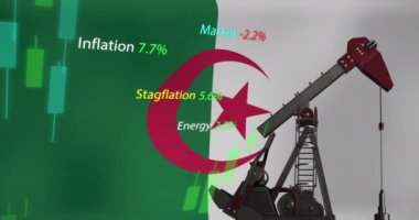 Finansal veri işleme animasyonu ve petrol pompası üzerinde Cezayir bayrağı. Küresel finansman, iş ve dijital arayüz kavramı dijital olarak oluşturulmuş video.