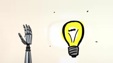 Bej arka planda robotik el ve ampul animasyonu. Küresel teknoloji ve dijital arayüz konsepti dijital olarak oluşturulmuş video.