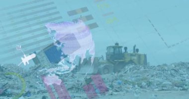 Çöp yığını üzerinde veri işleme animasyonu. Küresel iş ve dijital arayüz kavramı dijital olarak oluşturulmuş video.