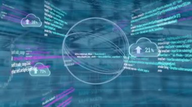 Şehir manzarası üzerindeki simgelerle veri işleme animasyonu. Küresel teknoloji, bilgisayar ve dijital arayüz kavramı dijital olarak oluşturulmuş video.