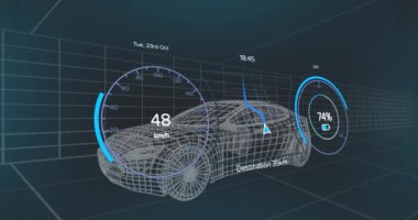VR kulaklık takmış arabanın üzerine araba çizimi animasyonu. Küresel mühendislik araba tasarım bağlantıları ve dijital arayüz konsepti dijital olarak oluşturulmuş video.