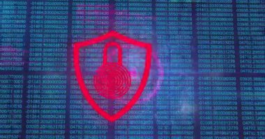 Asma kilit üzerinde veri işleme animasyonu. küresel iş ve dijital arayüz kavramı dijital olarak oluşturulmuş video.