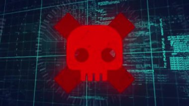 Kafatası üzerinde veri işleme animasyonu. Küresel iş ve dijital arayüz kavramı dijital olarak oluşturulmuş video.