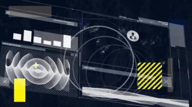 Soyut arkaplan üzerinde bilgi arayüzü ve dairelerin animasyonu. Dijital olarak üretilmiş, hologram, dalga, rapor, finans, iletişim, geometrik şekil ve teknoloji kavramı.