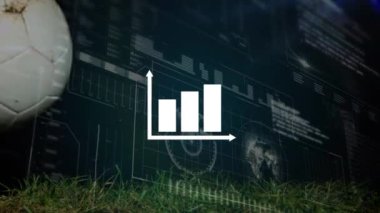 Futbol üzerinden veri işleme animasyonu. Küresel spor ve dijital arayüz kavramı dijital olarak oluşturulmuş video.