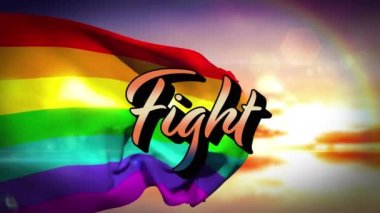 Igbt bayrağı üzerinde savaş metninin animasyonu ve bulutlu gökyüzü. Sosyal medya, lgbt ve dijital arayüz kavramı dijital olarak oluşturulmuş video.