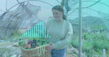 Bahçede çalışan beyaz bir kadın için finansal veri işleme animasyonu. Küresel finansman, ekoloji ve dijital arayüz kavramı dijital olarak oluşturulmuş video.