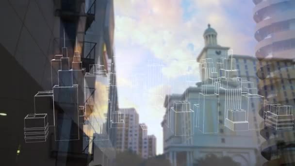 Animación Ciudad Digital Sobre Paisaje Urbano Concepto Interfaz Digital Empresarial — Vídeo de stock