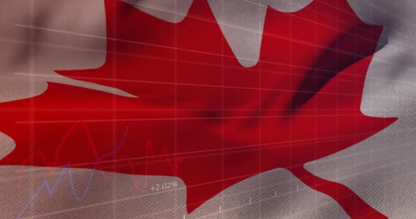 Animação Acenar Bandeira Canadá Sobre Processamento Dados Financeiros Conceito Global — Vídeo de Stock