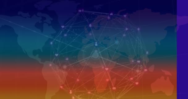 Анімація Мережі Язків Карта Світу Синьому Помаранчевому Фоні Глобальна Обробка — стокове відео