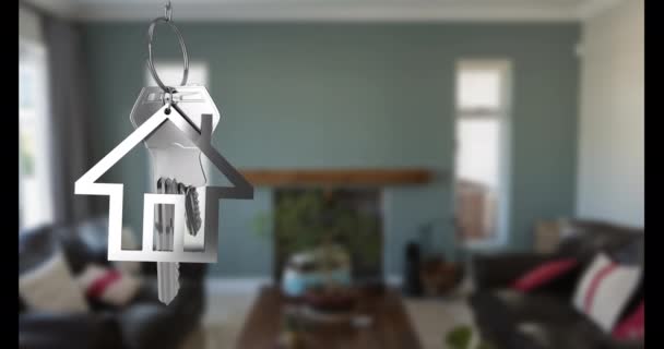 Animation Key Keychain Shape House Living Room Interior Moving House — Stock Video