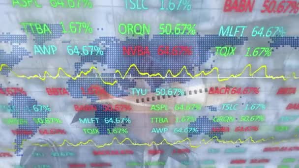 Animação Processamento Dados Financeiros Aviões Mapas Mundiais Conceito Global Viagens — Vídeo de Stock