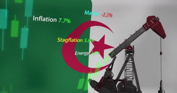 Анімація Обробки Фінансових Даних Прапор Алжиру Над Нафтовим Насосом Концепція — стокове відео