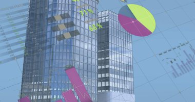 Şehir manzarası üzerinde veri işleme resmi. küresel iş ve dijital arayüz kavramı dijital olarak oluşturulmuş görüntü.