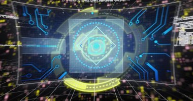 Hareket eden sütunların üzerinde tarama ve veri işleme alanı görüntüsü. Küresel teknoloji, çevrimiçi güvenlik ve dijital arayüz kavramı dijital olarak oluşturulmuş görüntü.