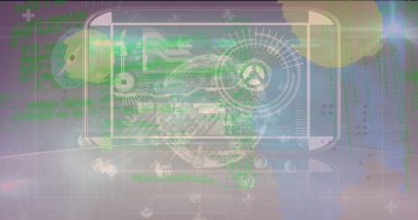 Saat ve dünya üzerinde veri işleme görüntüsü. Küresel iş ve dijital arayüz kavramı dijital olarak oluşturulmuş görüntü.