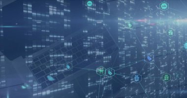 Dizüstü bilgisayarla mozaik kare ekranları üzerinden dijital simge ağının görüntüsü. Küresel ağ ve iş teknolojisi kavramı