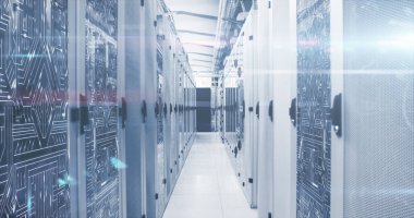 Sunucu odasında dijital veri işleme resmi. Küresel dijital veri işleme konsepti dijital oluşturulmuş resim.