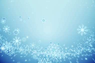 Mavi arka planda, Noel kar tanelerinin soyut çizimi. Soyut desenli ve soyut şekilli noel arkaplanı