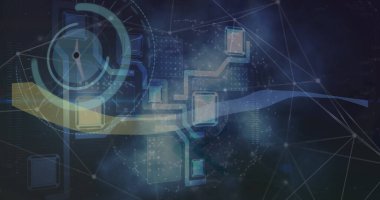 Saat ve şekiller üzerinde veri işleme resmi. Küresel iş ve dijital arayüz kavramı dijital olarak oluşturulmuş görüntü.